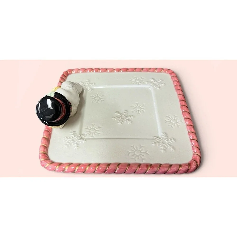 Fitz & Floyd Frosty Folks Snowman Candy Dish Trinket Tray Snowflakes‎ Candy Cane